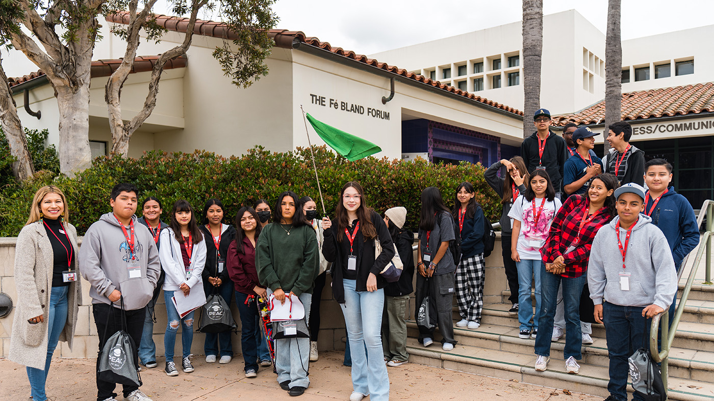 Students posing by BC Forum